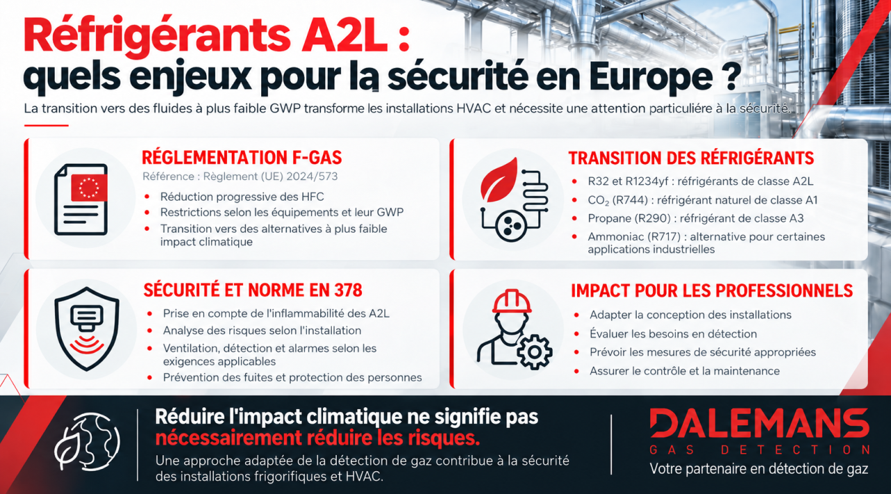 Infographie Dalemans sur les réfrigérants A2L en Europe, présentant la réglementation F-Gas, les alternatives à faible GWP, la norme EN 378 et les mesures de sécurité et de détection des gaz dans les installations HVAC