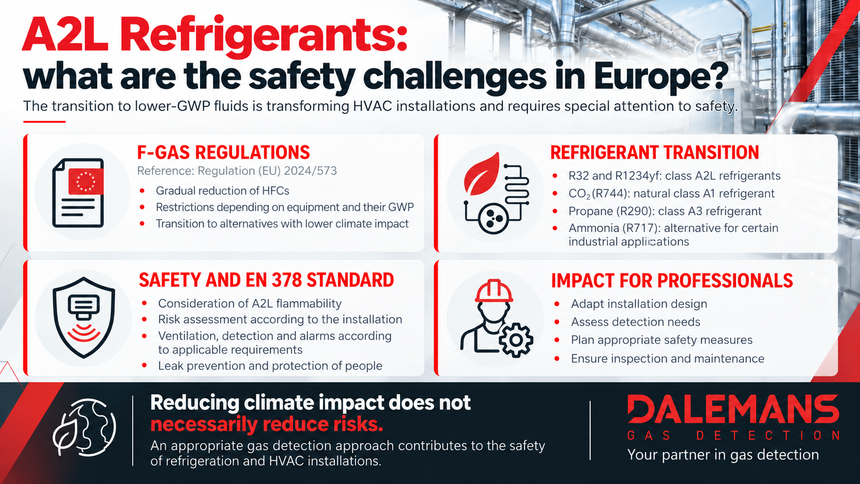 Dalemans infographic on A2L refrigerants in Europe, covering F-Gas regulations, lower-GWP alternatives, the EN 378 standard and gas detection and safety measures for HVAC installations