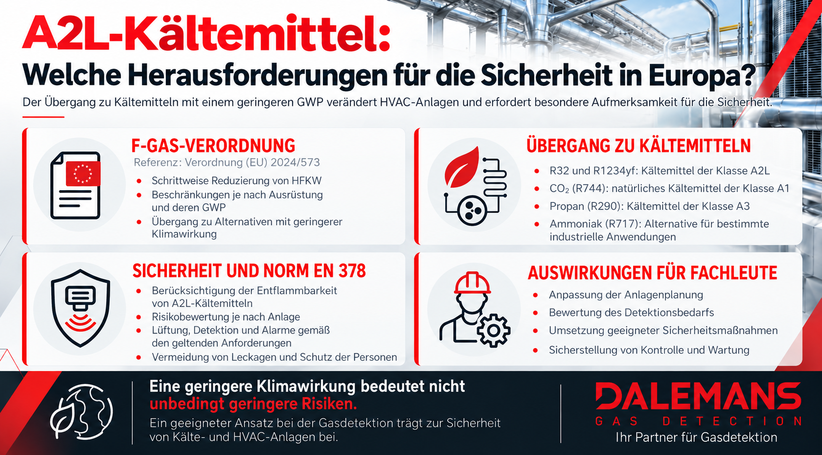Dalemans-Infografik über A2L-Kältemittel in Europa mit Informationen zur F-Gase-Verordnung, zu Alternativen mit geringerem GWP, zur Norm EN 378 sowie zu Sicherheits- und Gasdetektionsmaßnahmen in HLK-Anlagen