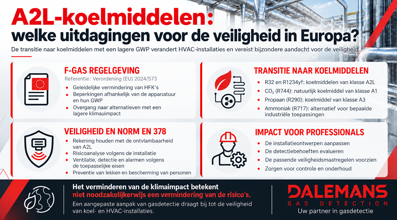Infografiek van Dalemans over A2L-koudemiddelen in Europa, de F-gassenverordening, alternatieven met een lage GWP, EN 378 en veiligheids- en gasdetectiemaatregelen voor HVAC-installaties